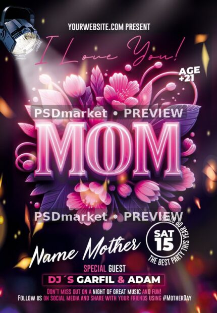 Pink Floral MOM Mother's Day Party Flyer PSD Template — PSD template preview