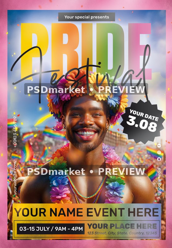 Pink Frame Flower Crown Pride Festival Flyer PSD Template — PSD template preview