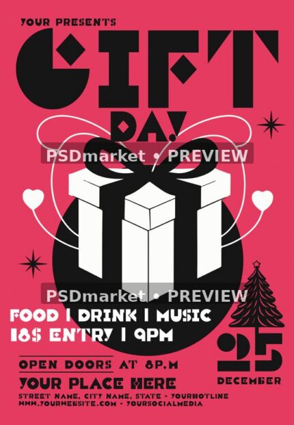 Pink Gift Day flyer with black geometric lettering and a white wrapped present, shown with two horizontal preview watermarks