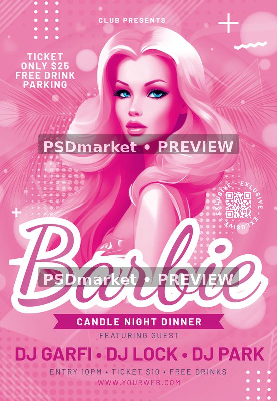 Pink Glamour Doll Theme Party Flyer PSD Template — PSD template preview