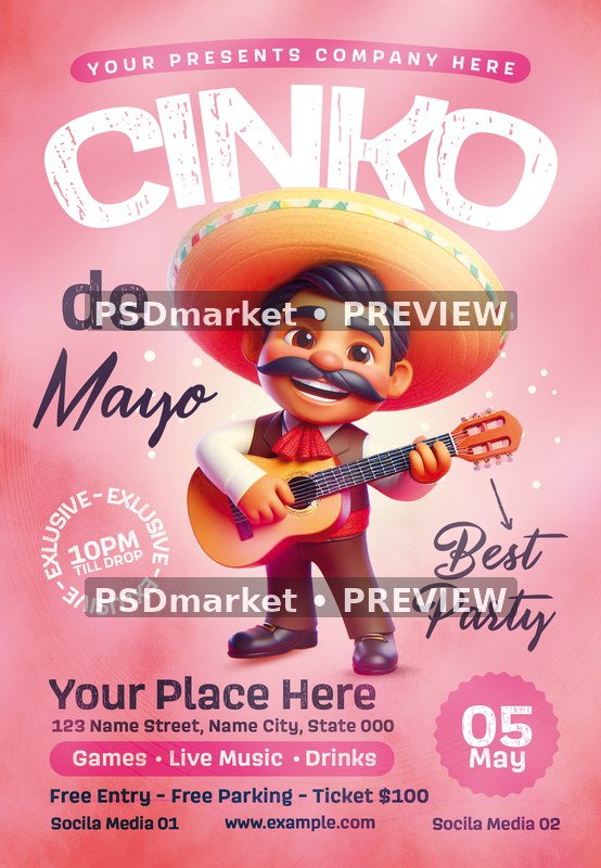 Pink Guitarist Cinco de Mayo Party Flyer PSD Template — PSD template preview