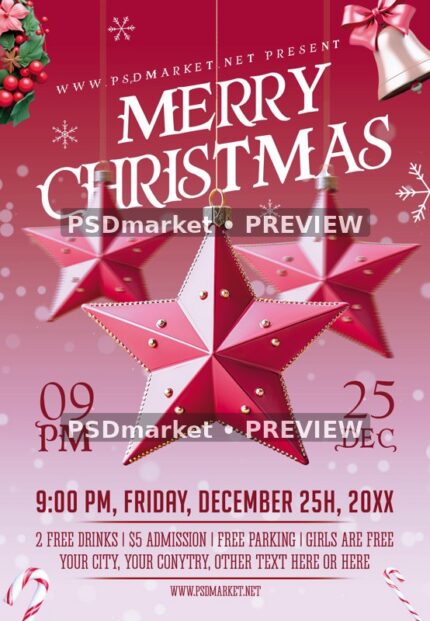 Pink Hanging Stars Merry Christmas Flyer PSD Template — reduced watermarked source artwork preview