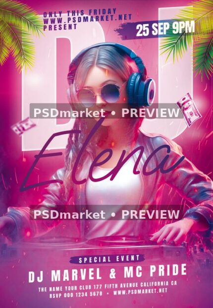 Pink guest DJ flyer with a silver-haired headphone-wearing performer and two horizontal PSDmarket preview watermarks