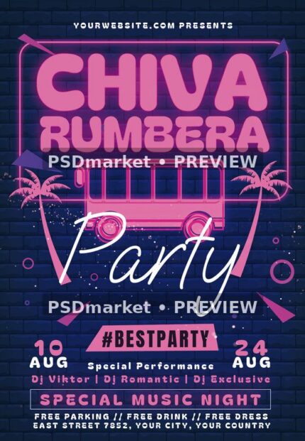 Pink Neon Chiva Rumbera Party Flyer PSD Template showing bright pink chiva rumbera lettering and a glowing bus illustration stand against a dark blue brick wall with two PSDmarket preview watermarks