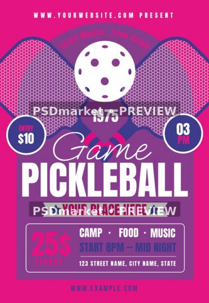 Pink and purple pickleball game flyer with crossed paddles, white ball, badges and venue ribbon