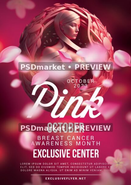 Pink Petals Portrait October Awareness Flyer PSD Template — reduced watermarked source artwork preview