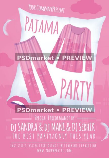 Pink pajama party flyer with striped sleepwear over a white pillow, moons, clouds and DJ lineup