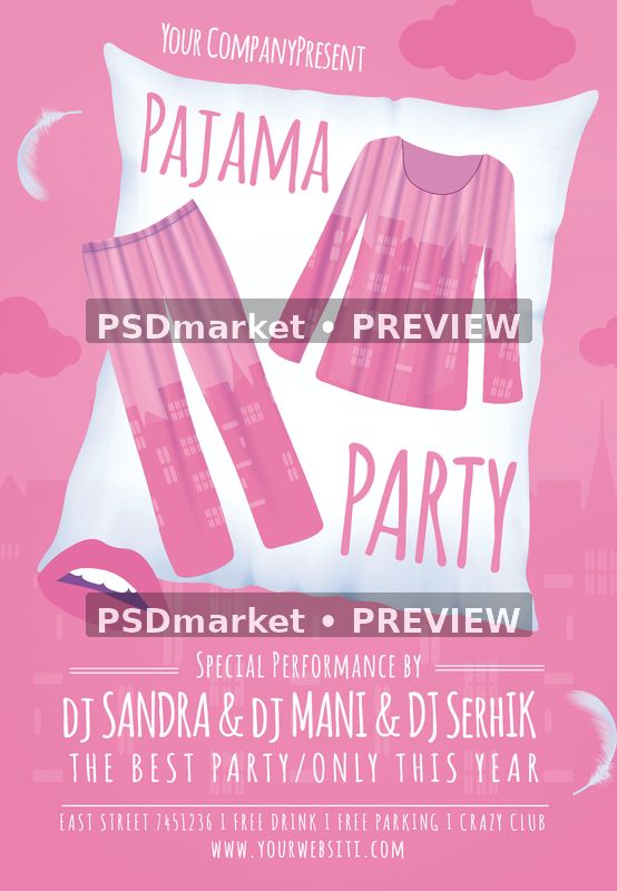 Pink pajama party flyer with striped sleepwear over a white pillow, moons, clouds and DJ lineup