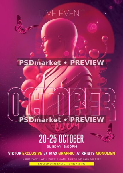 Pink Portrait Butterfly October Event Flyer PSD Template — reduced watermarked source artwork preview