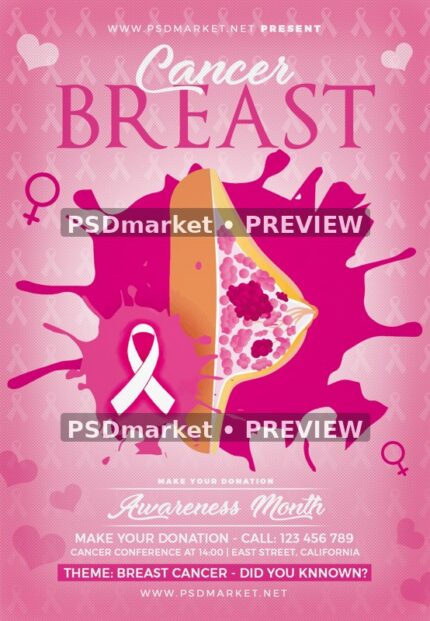 Pink Ribbon and Breast Illustration Awareness Flyer PSD Template — reduced watermarked source artwork preview
