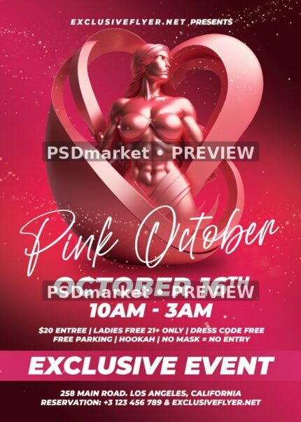 Pink Ribbon Figure October Event Flyer PSD Template — reduced watermarked source artwork preview