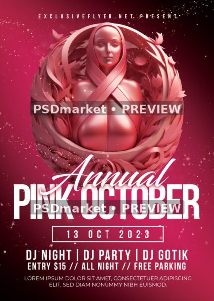 Pink Ribbon Portrait Annual October Flyer PSD Template — reduced watermarked source artwork preview