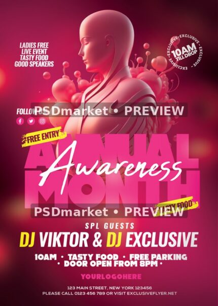 Pink Sculptural Portrait Annual Awareness Flyer PSD Template — reduced watermarked source artwork preview