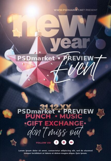 Pink Star Ornament New Year Flyer PSD Template — reduced watermarked source artwork preview