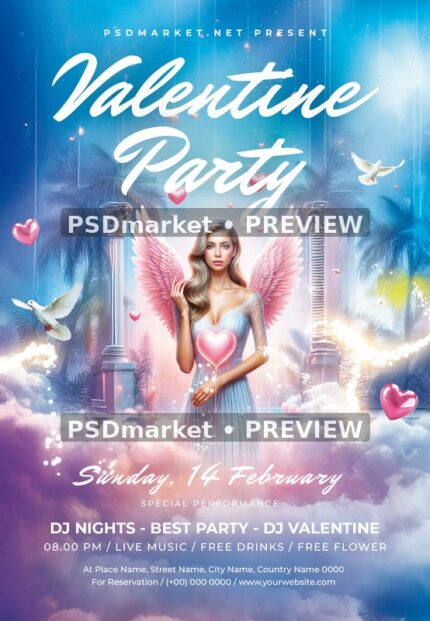 Pink Wing Angel Palace Valentine Party Flyer PSD Template — PSD template preview