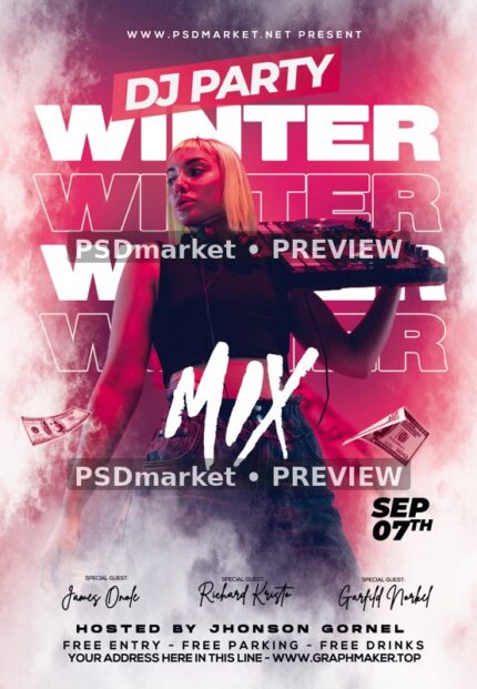 Pink Winter DJ Mix Flyer PSD Template — reduced watermarked source artwork preview