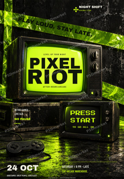 Pixel Riot Retro Arcade Party Flyer PSD Template with the standard PSDmarket watermark