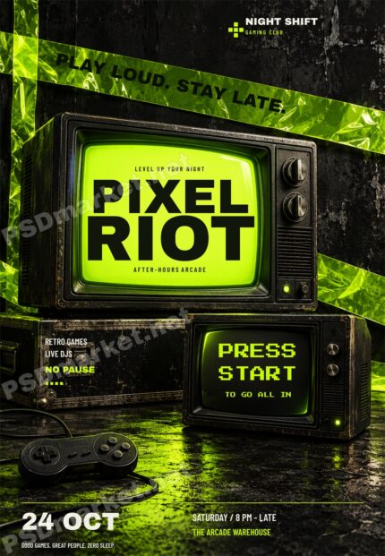 PIXEL RIOT arcade party flyer with acid-lime CRT screens, a vintage game controller and bold black title lettering on a distressed dark background