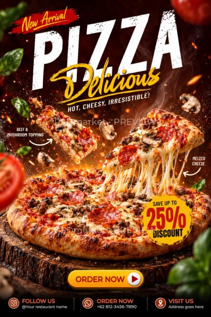 Pizza Delicious restaurant flyer with pizza slices, cheese pulls, discount badge, contact details and two PSDmarket PREVIEW watermarks.