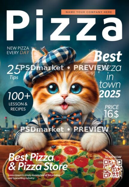 Plaid Cap Kitten Pizza Promo Flyer PSD Template — PSD template preview