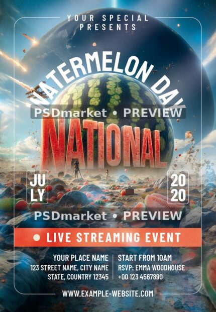 Planetary National Watermelon Day Flyer PSD Template — PSD template preview