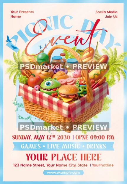Playful Basket Picnic Day Event Flyer PSD Template — PSD template preview