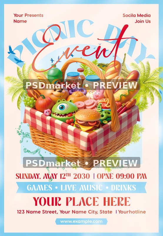 Playful Basket Picnic Day Event Flyer PSD Template — PSD template preview