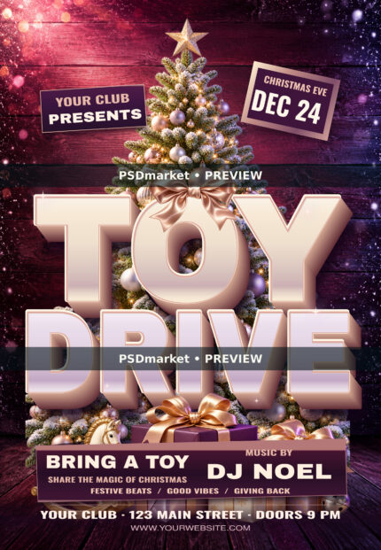Plum Rose Gold Christmas Toy Drive Flyer PSD Template — PSD template preview