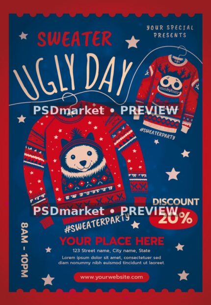 Polar Bear Ugly Sweater Party Flyer PSD Template — reduced watermarked source artwork preview
