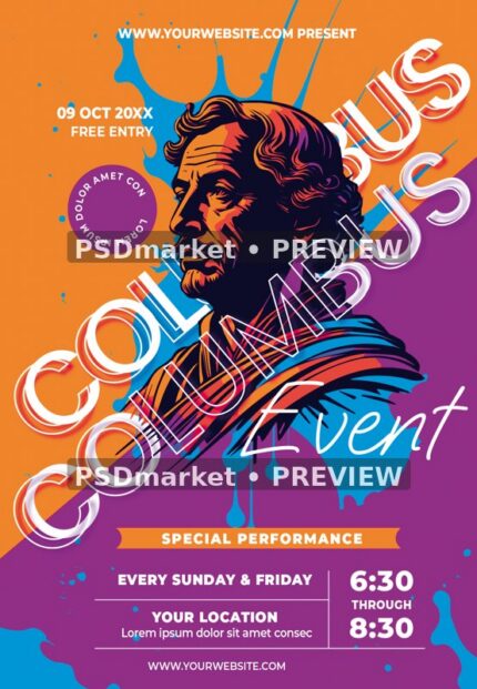 Pop Art Portrait Columbus Day Event Flyer PSD Template — reduced watermarked source artwork preview