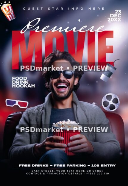 Popcorn Cinema Movie Premiere Flyer PSD Template — PSD template preview