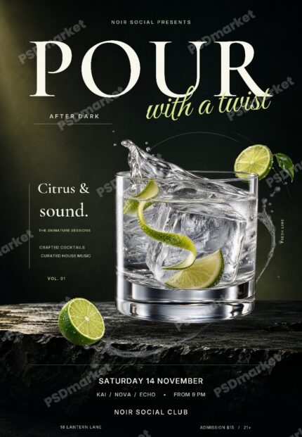 POUR with a twist cocktail flyer with elegant serif and script lettering, a clear lime cocktail, silver splash and dark stone stage; watermarked preview
