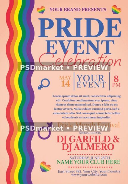 Peach Pride Event flyer with vertical rainbow, colorful hearts, guest-name area and preview watermarks