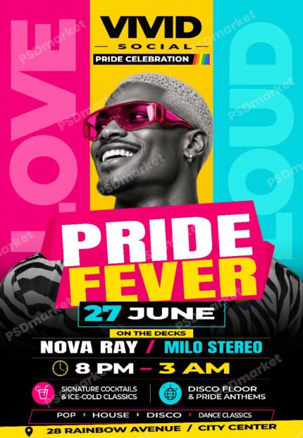 Pride Fever editable Photoshop flyer template with PSDmarket preview watermark