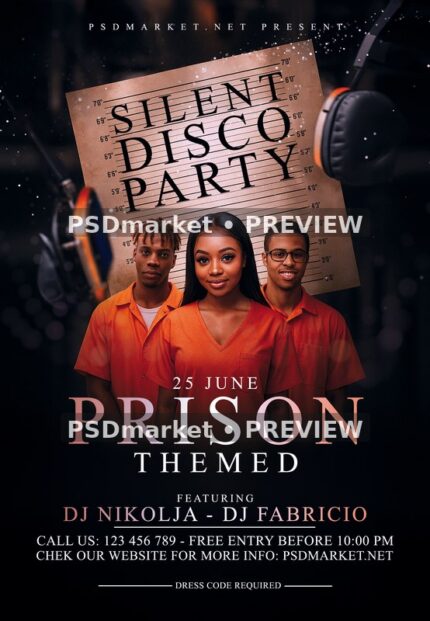 Prison-Themed Silent Disco Party Flyer — reduced watermarked preview of the supplied artwork