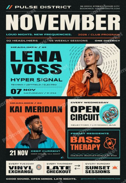 Pulse District November editable flyer PSD template with protected storefront preview