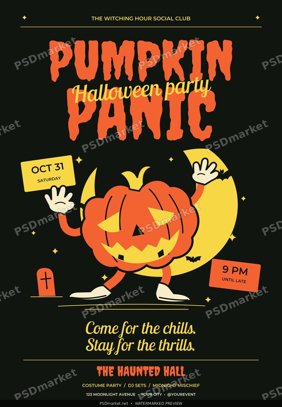 Pumpkin Panic Vector Halloween Party Flyer Template - watermarked vector template preview