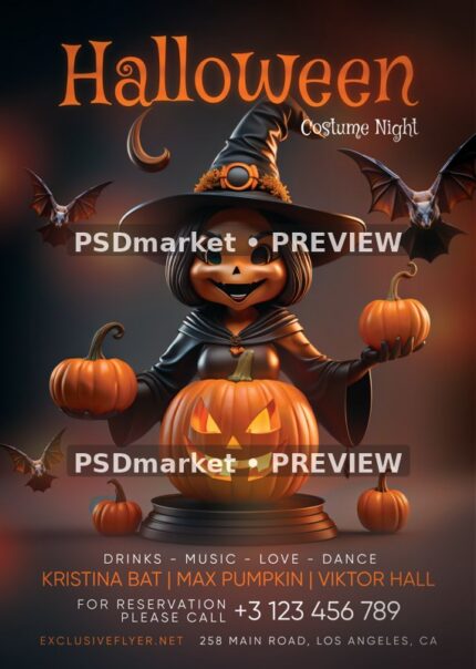 Pumpkin Witch Halloween Costume Night Flyer PSD Template — reduced watermarked source artwork preview