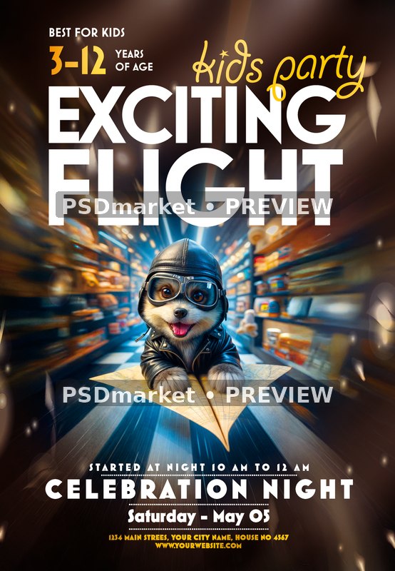 Puppy Pilot Exciting Flight Kids Party Flyer PSD Template — PSD template preview