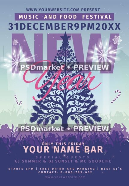 Purple Crowd New Year Party Flyer PSD Template — reduced watermarked source artwork preview