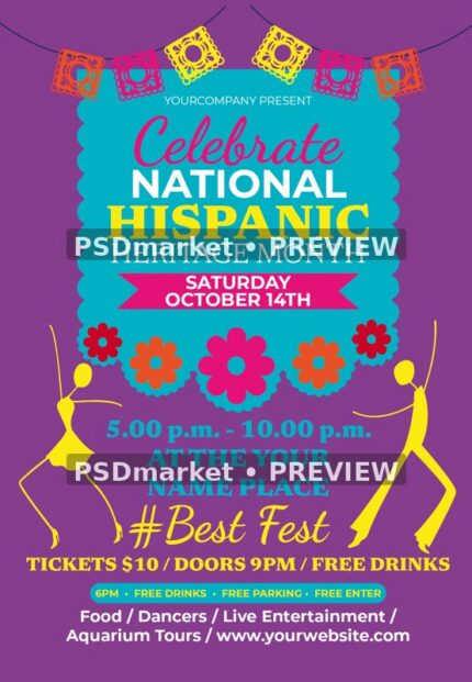 Purple Fiesta Hispanic Heritage Month Flyer PSD Template — PSD template preview