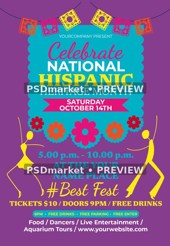 Purple Fiesta Hispanic Heritage Month Flyer PSD Template — PSD template preview