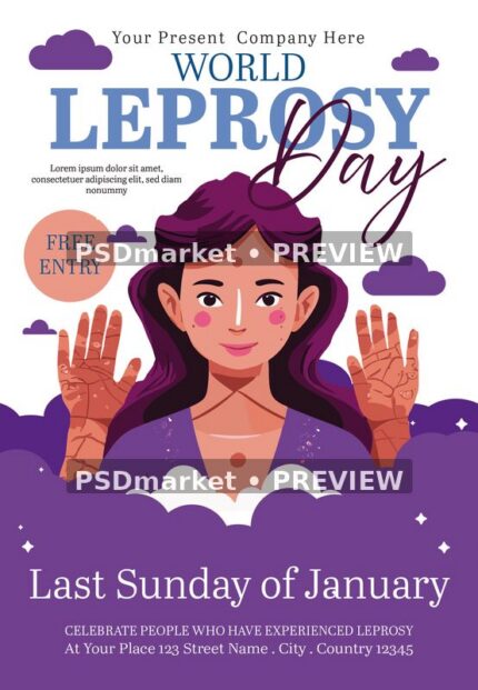 Purple World Leprosy Day flyer with illustrated woman raising hands, cloud shapes and blue heading