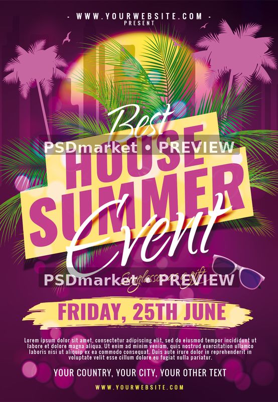 Purple house summer event flyer with tropical palms, yellow title panels, sunglasses and two preview watermarks