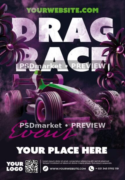 Purple Racing Car Drag Race Flyer PSD Template showing a futuristic open-wheel racing car with purple and green accents anchors a dark smoky design with two PSDmarket preview watermarks