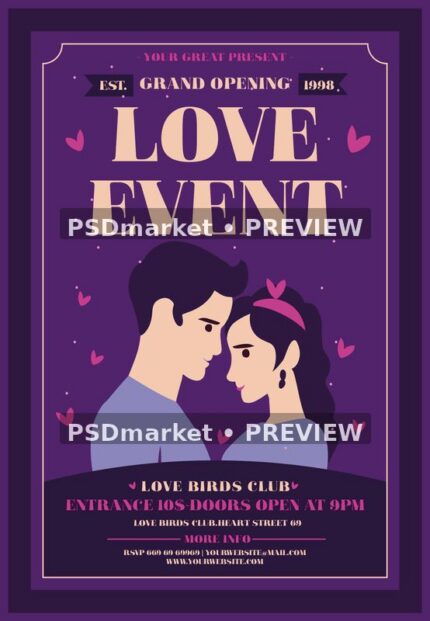 Purple Love Event flyer with illustrated romantic couple, pink hearts, peach title and two preview watermarks