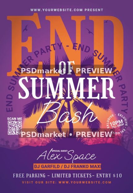 Purple Tropical End of Summer Bash Flyer PSD Template — PSD template preview