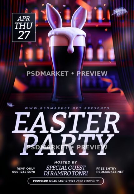Easter bar-party flyer with rabbit-ear beer foam, purple lighting.