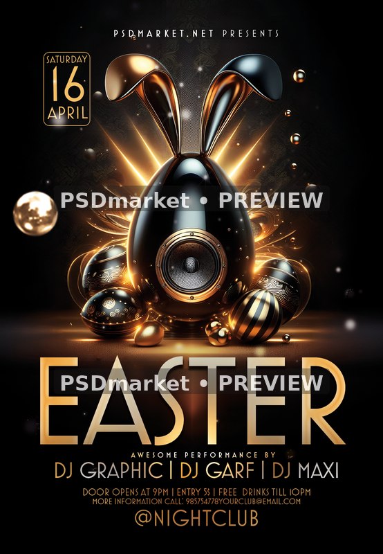 Rabbit Ear Speaker Gold Easter Day Flyer PSD Template — PSD template preview