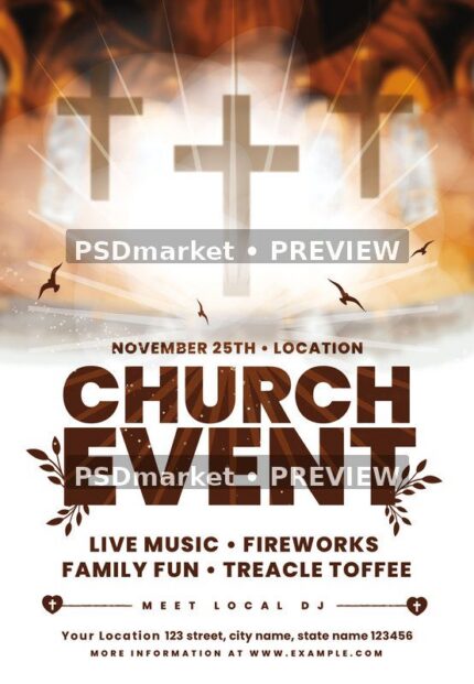Church event flyer with radiant crosses, warm light, birds and bold brown lettering on a white lower panel